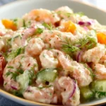 Delicious shrimp salad with fresh vegetables and dressing
