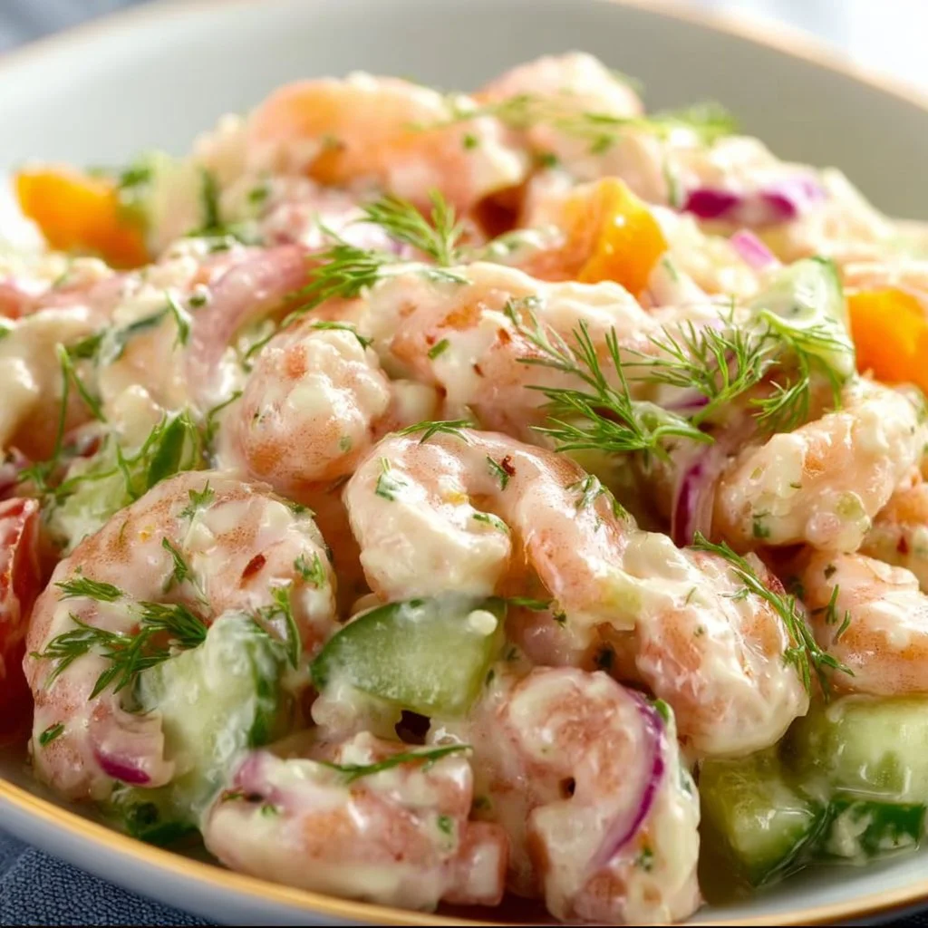 Delicious shrimp salad with fresh vegetables and dressing