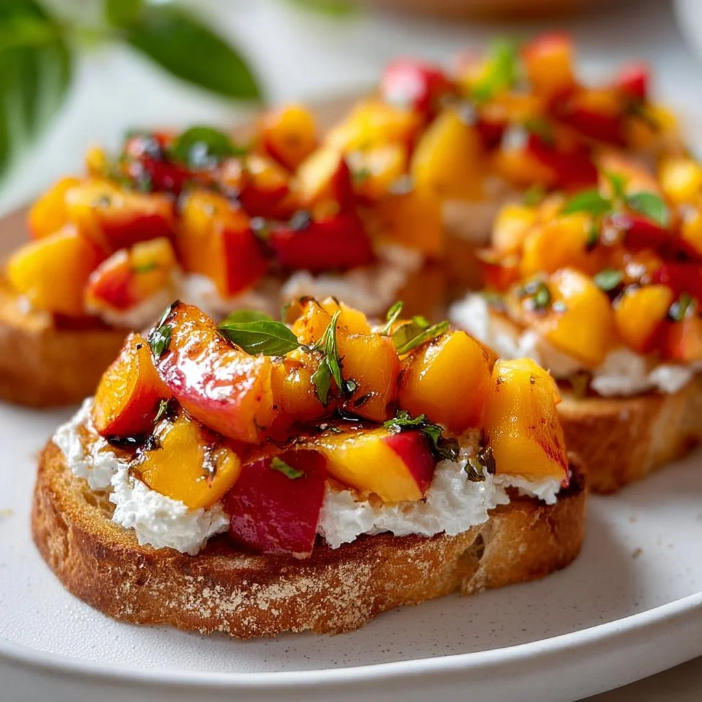 Delicious peach bruschetta topped with cheese and herbs served on toasted bread.