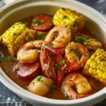 A colorful slow cooker shrimp boil with potatoes, corn, and spices.
