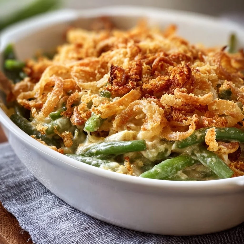 Southern-Style green bean casserole garnished with crispy onions