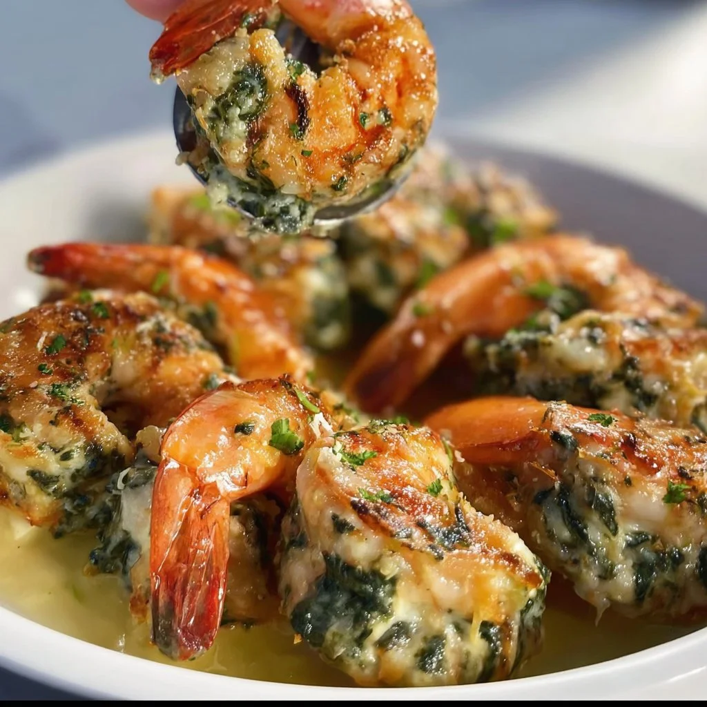 Spinach artichoke stuffed shrimp served on a plate