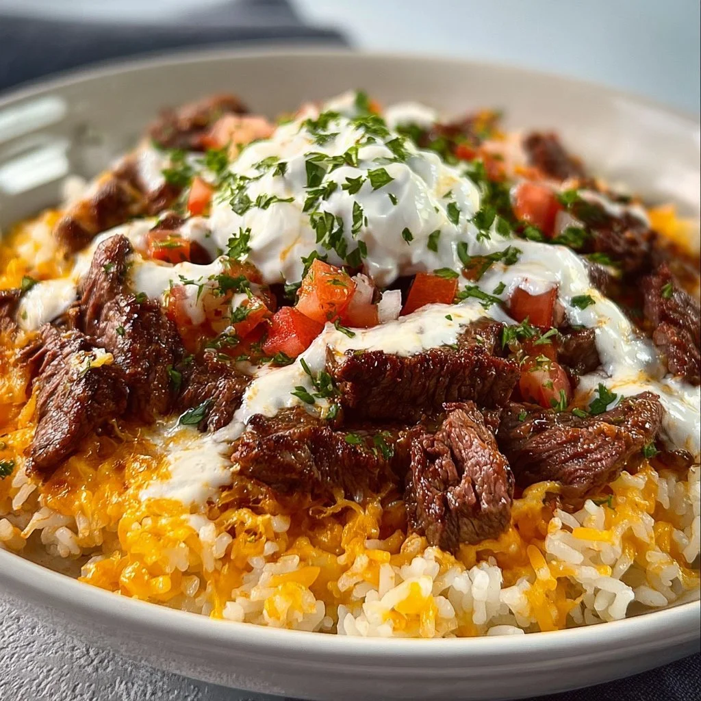 Delicious Steak Queso Rice with tender steak, creamy cheese, and rice