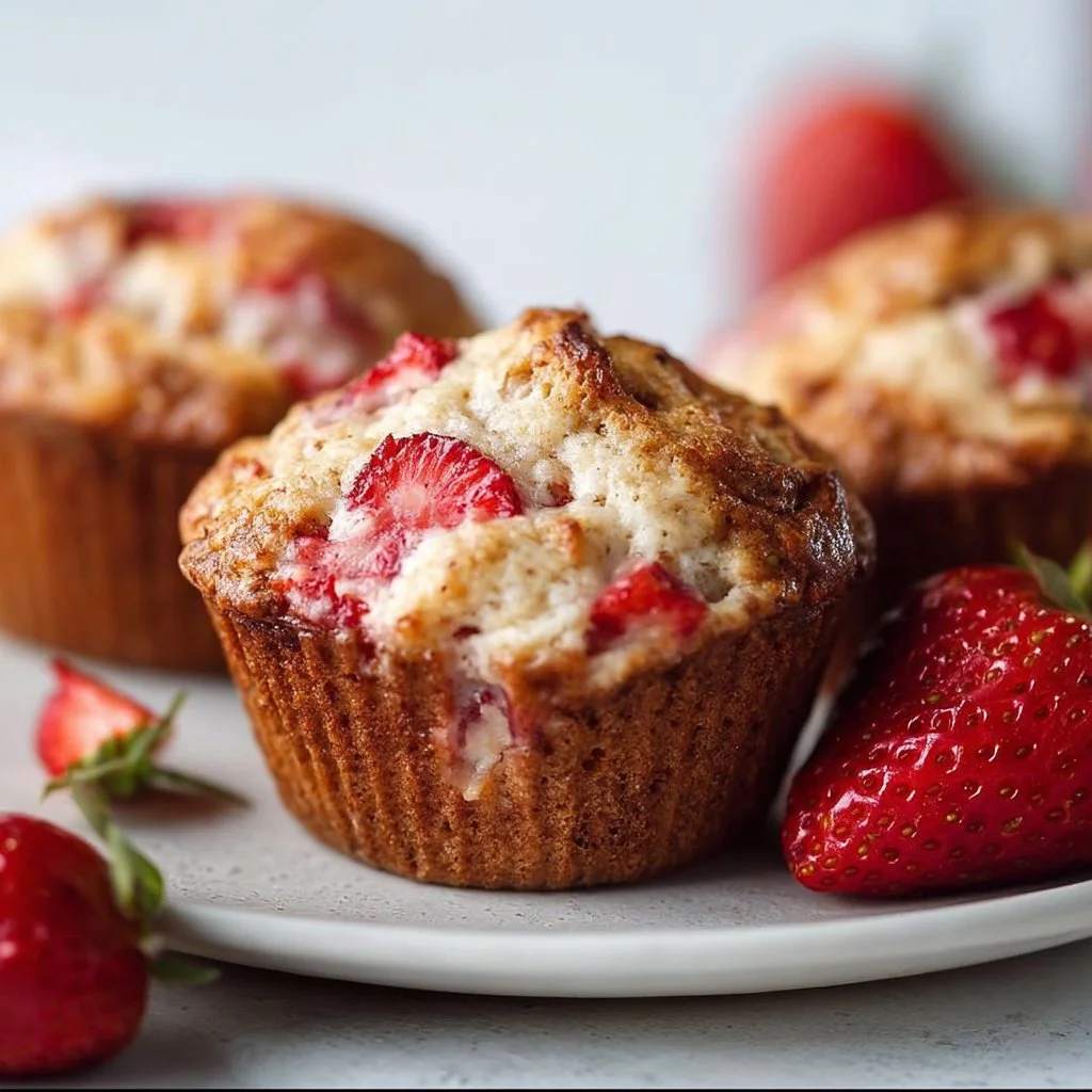 Freshly baked strawberry protein muffins on a wooden table