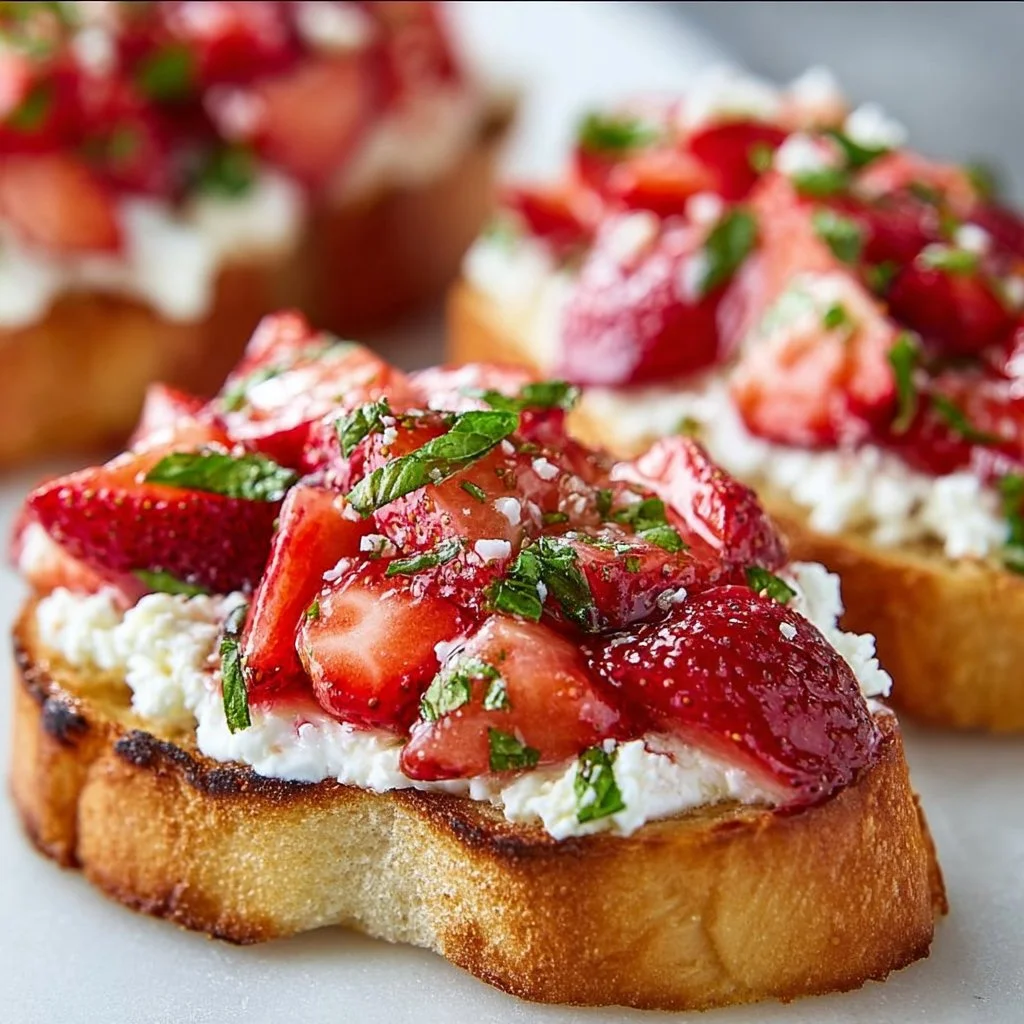 Delicious Strawberry Ricotta Bruschetta topped with fresh strawberries and creamy ricotta.