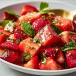 Vibrant Strawberry Watermelon Salad with fresh strawberries and watermelon cubes.