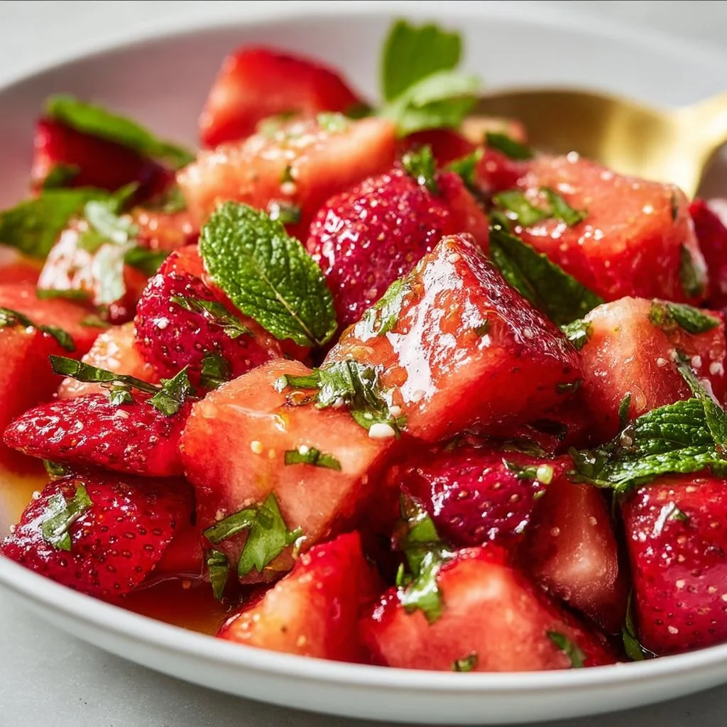 Vibrant Strawberry Watermelon Salad with fresh strawberries and watermelon cubes.