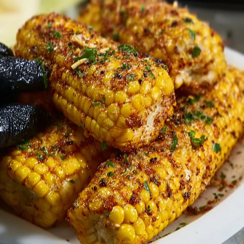 Delicious street corn topped with cheese and spices on a stick