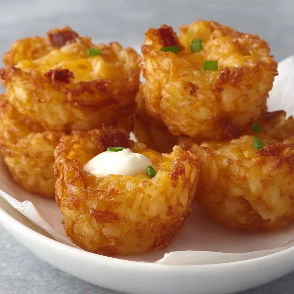 Delicious Tater Tot Cups filled with savory ingredients and topped for a delightful snack.