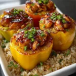 Teriyaki chicken and pineapple stuffed peppers served with rice