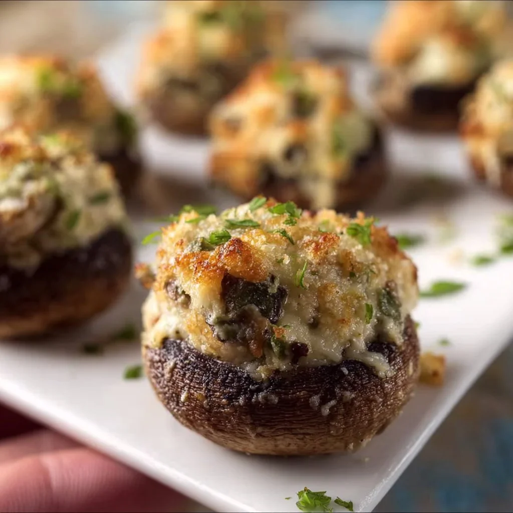 Delicious stuffed mushrooms topped with herbs and cheese ready to be served