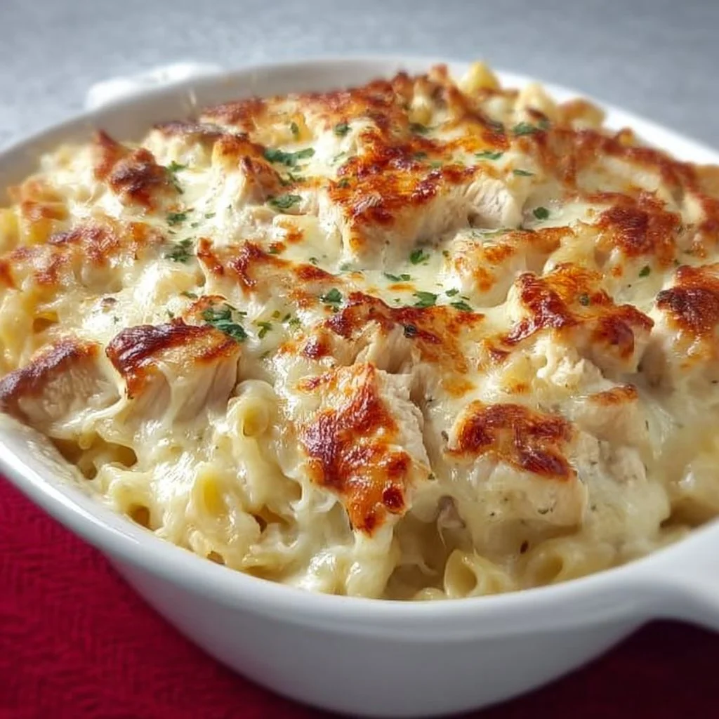 Three Cheese Chicken Alfredo Bake topped with melted cheese and herbs