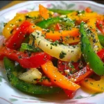 Tricolor bell pepper salad with fresh vegetables and vibrant colors