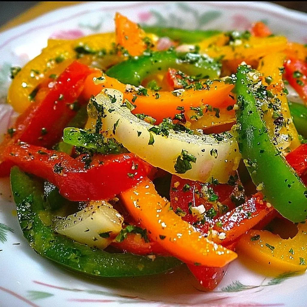 Tricolor bell pepper salad with fresh vegetables and vibrant colors