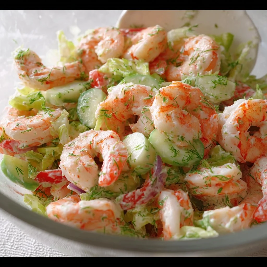 Delicious upgraded classic shrimp salad with fresh ingredients and vibrant colors.