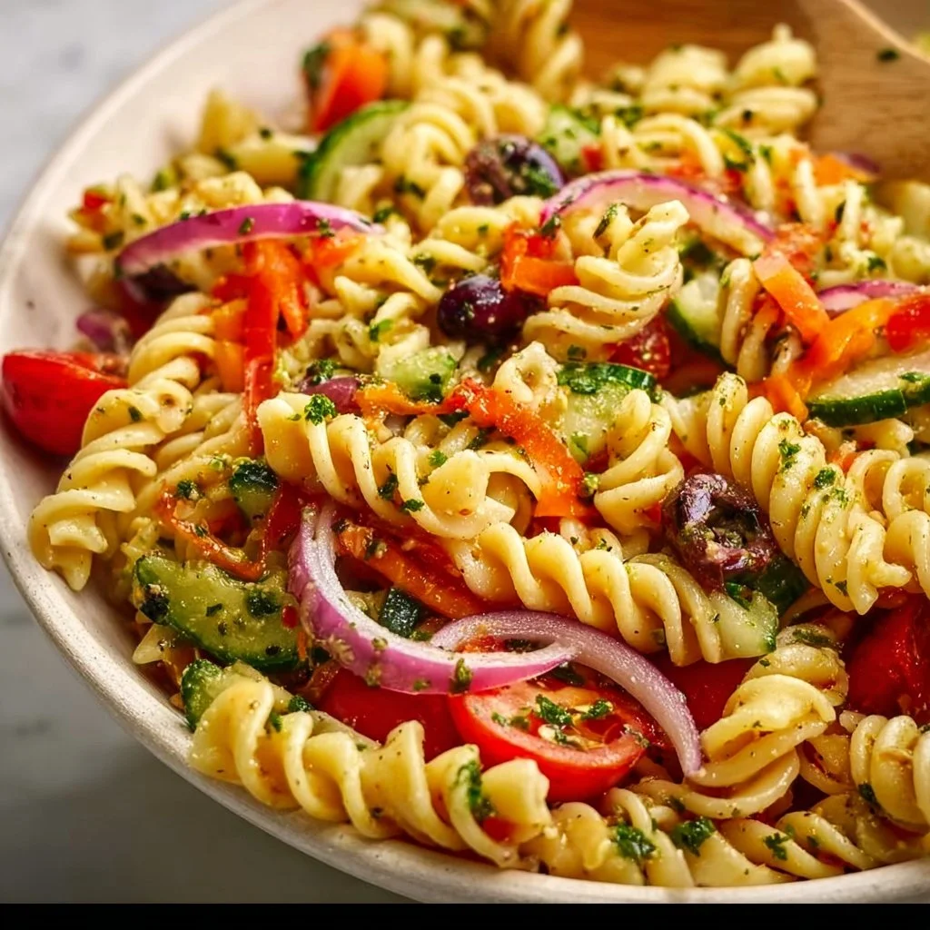 Colorful Vegan Pasta Salad with fresh vegetables and herbs