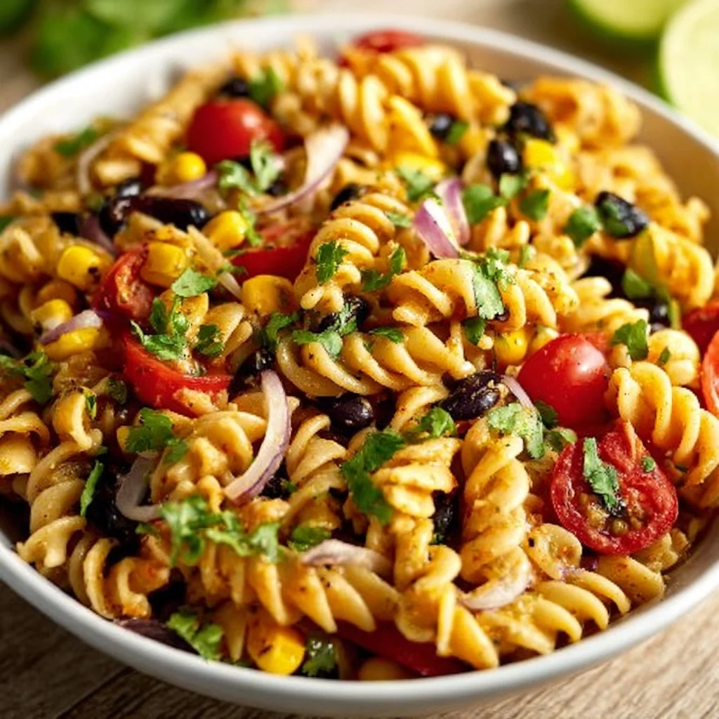 Vegan Southwest Pasta Salad garnished with fresh vegetables and herbs