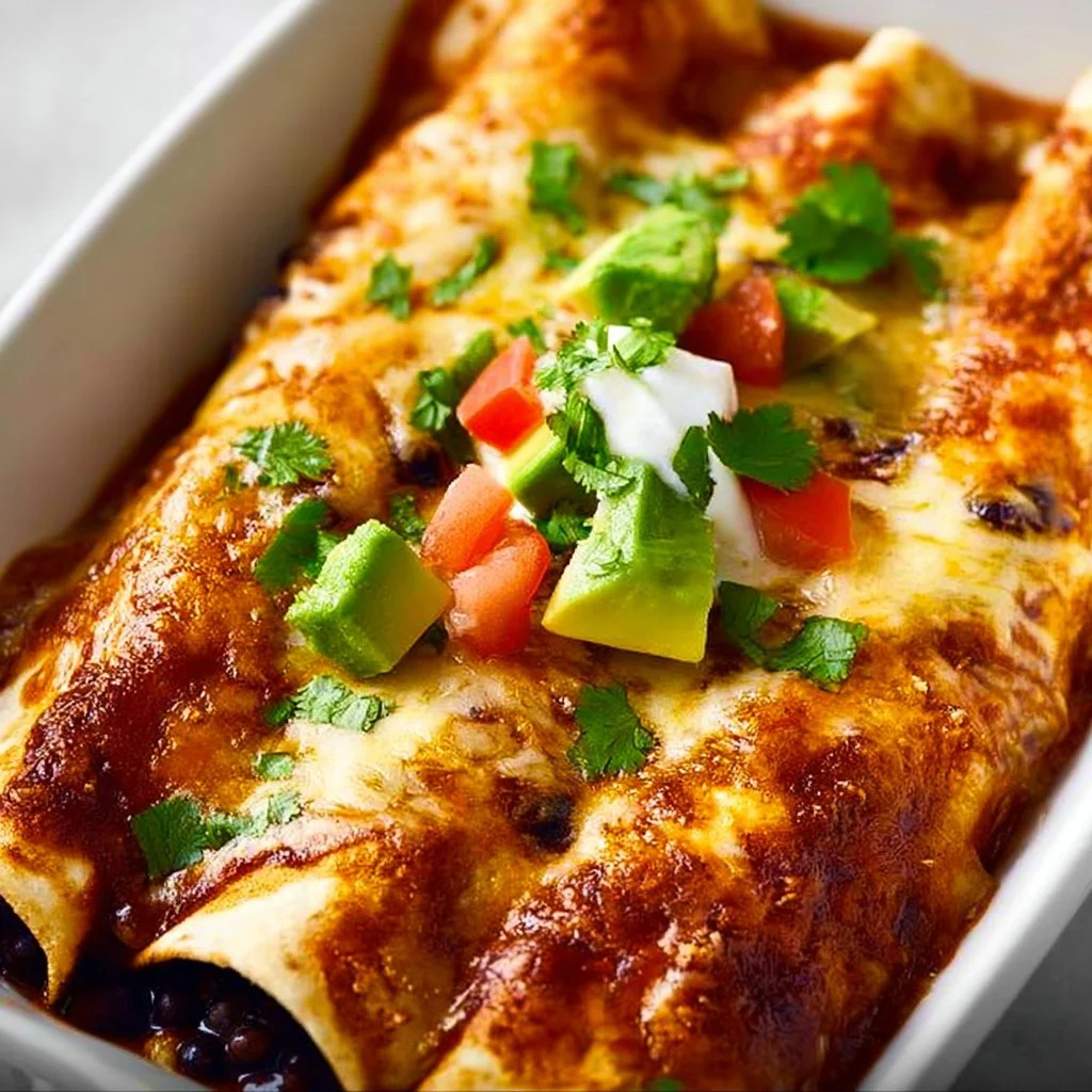 Plate of vegetarian black bean enchiladas garnished with avocado and cilantro