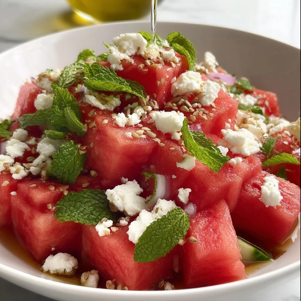 Delicious Watermelon Feta Salad with fresh mint and lime dressing