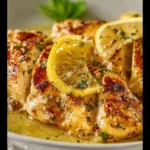 Plate of quick and easy 30-minute lemon chicken with herbs and lemon slices