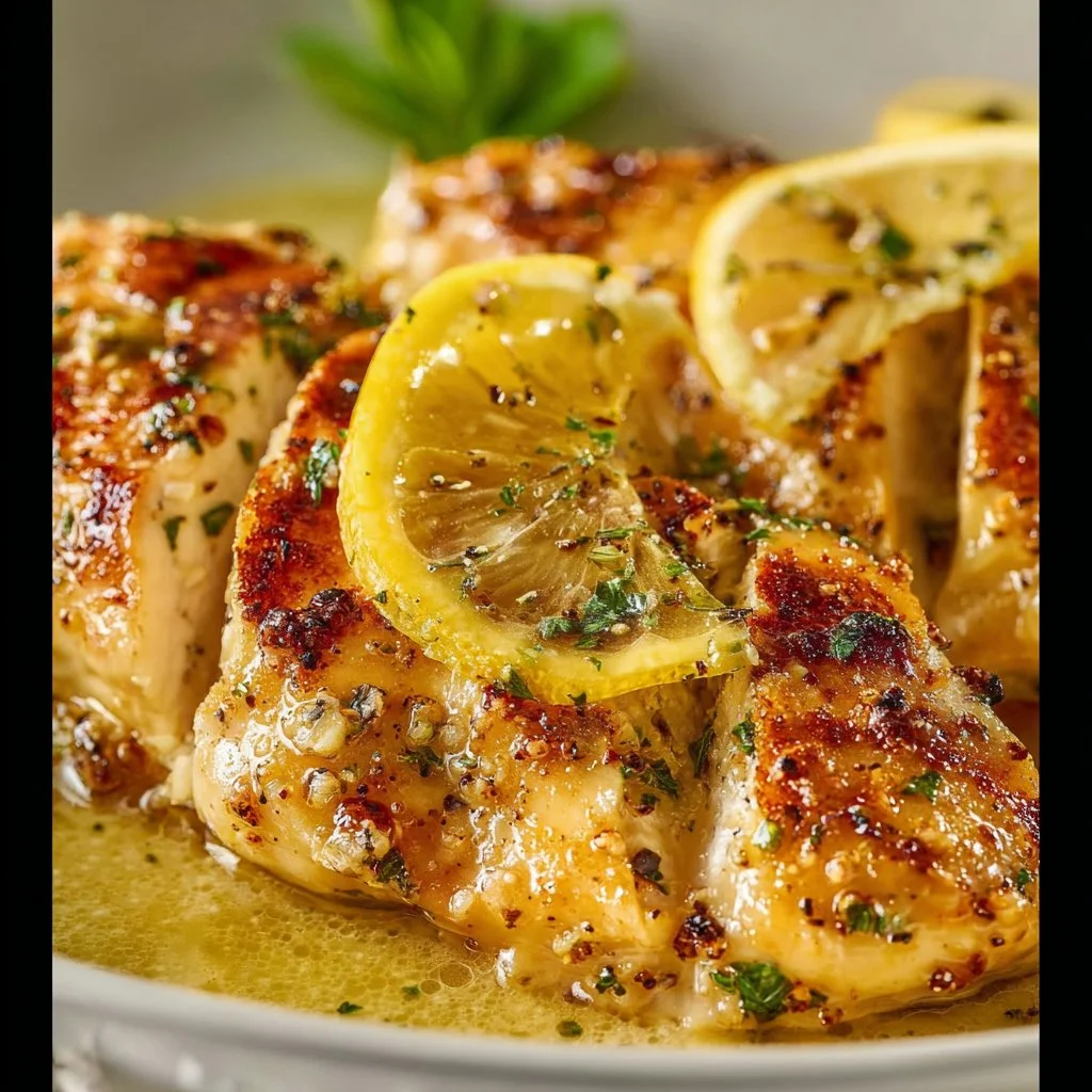 Plate of quick and easy 30-minute lemon chicken with herbs and lemon slices