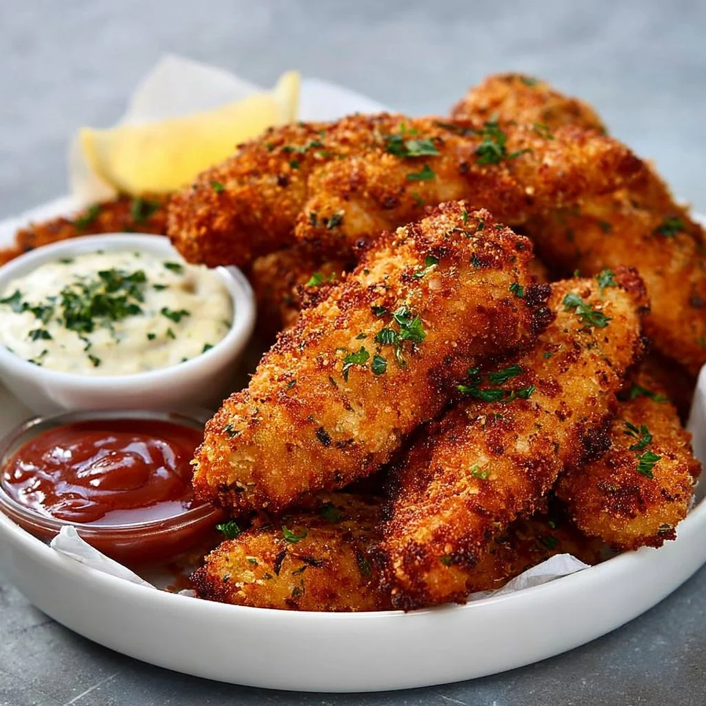Crispy Air Fryer Chicken Tenders served with dipping sauce