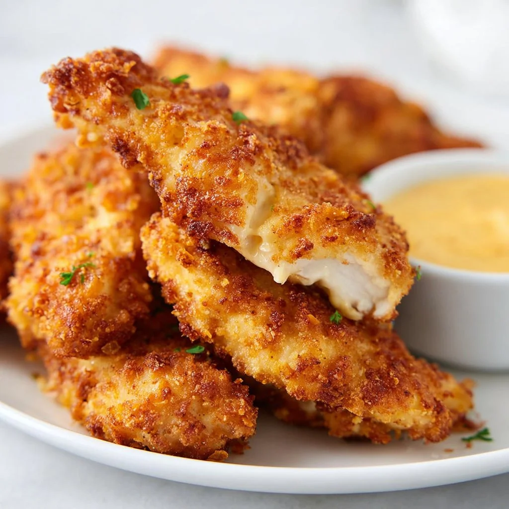Crispy air fryer chicken tenders served with dipping sauce