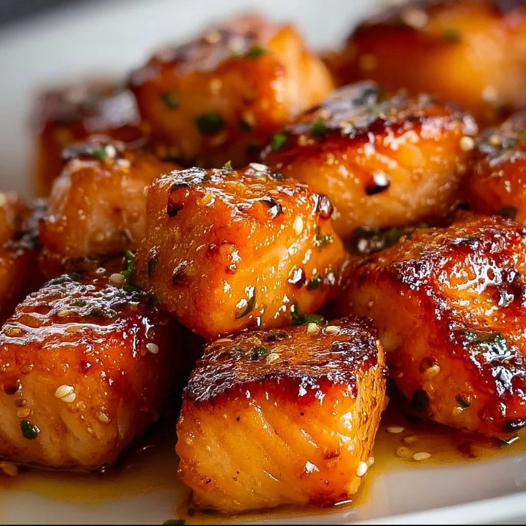 Air Fryer Honey Garlic Salmon Bites on a plate garnished with herbs