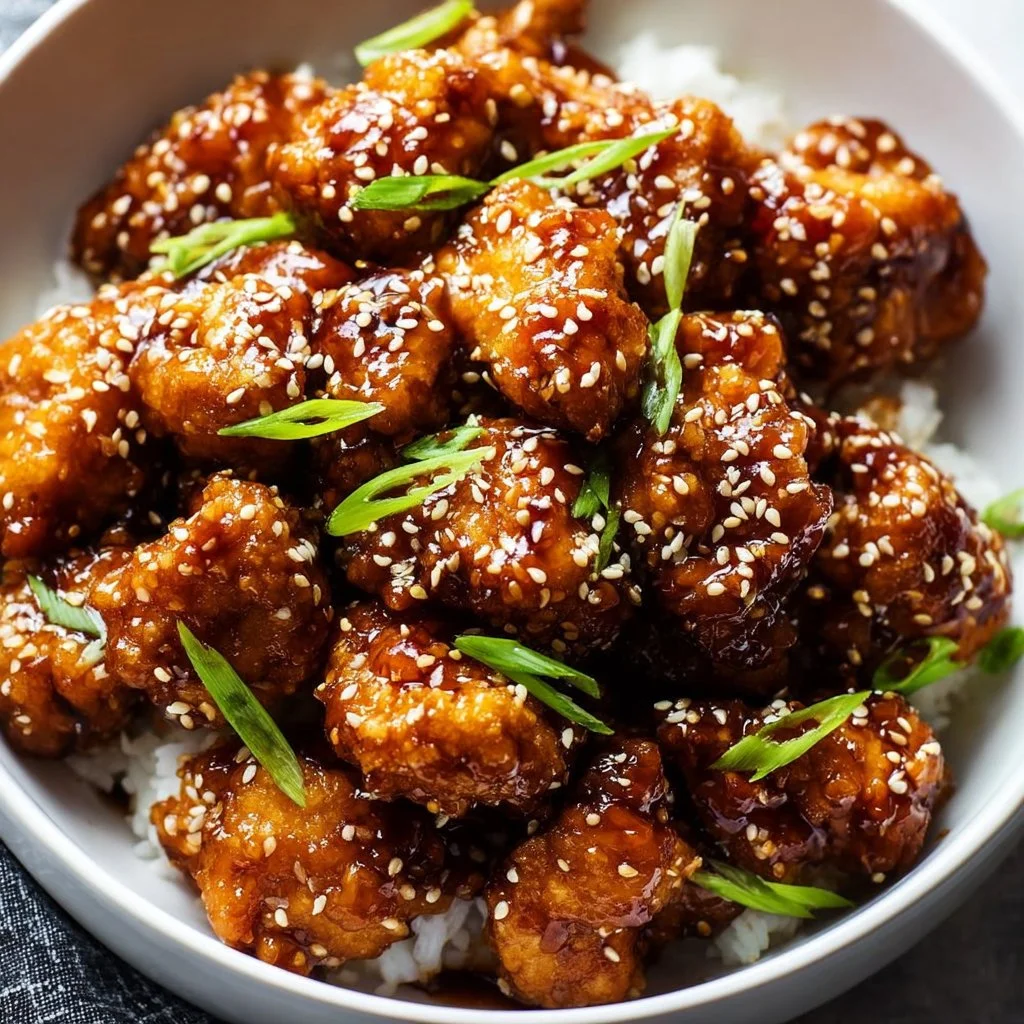 Crispy Air Fryer Honey Sesame Chicken served with vegetables and rice