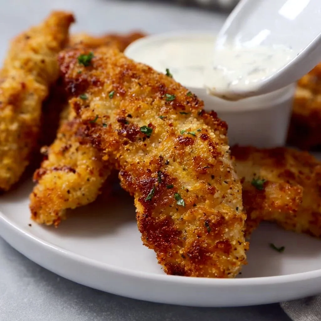 Air fryer parmesan breaded fried chicken tenders on a plate