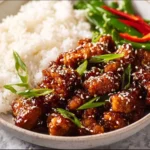High Protein Sesame Chicken dish garnished with sesame seeds and vegetables