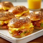 Delicious bagel breakfast sliders with eggs, cheese, and bacon on a plate