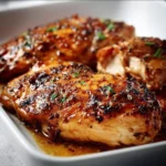 Delicious baked boneless chicken breast served on a plate with herbs