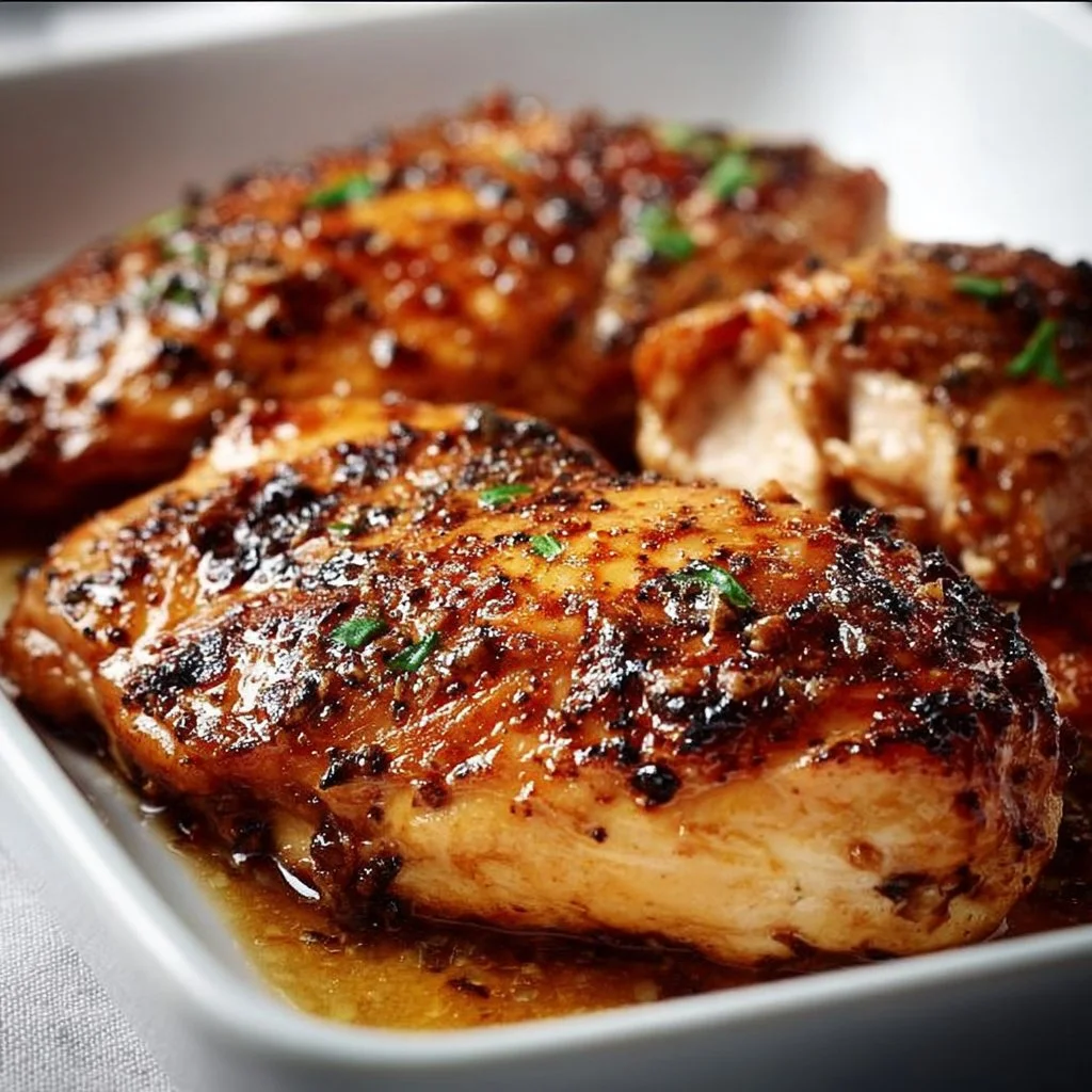 Delicious baked boneless chicken breast served on a plate with herbs