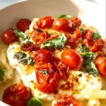 Baked feta pasta with cherry tomatoes topped with fresh basil and olive oil