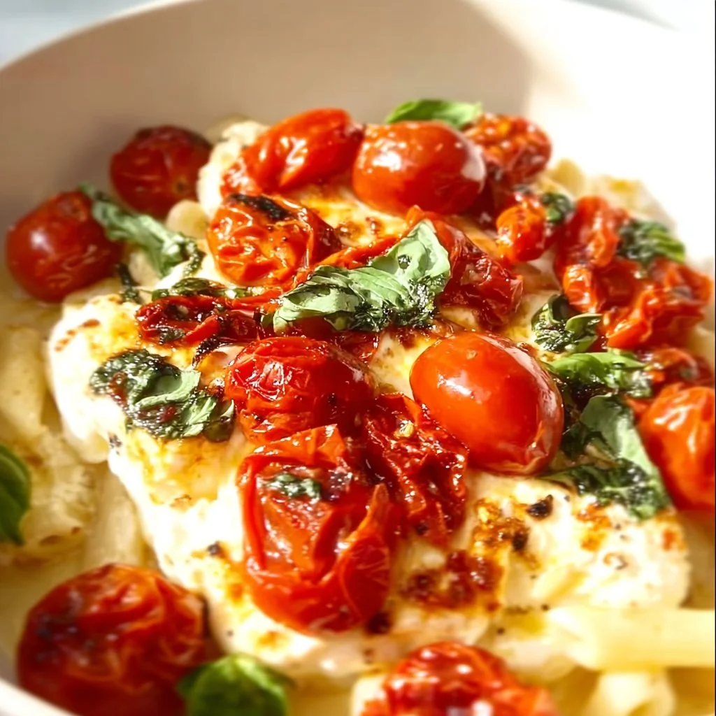 Baked feta pasta with cherry tomatoes topped with fresh basil and olive oil