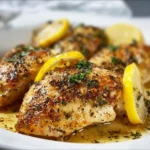 Baked garlic lemon pepper chicken garnished with herbs
