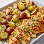Baked garlic parmesan chicken accompanied by flavorful roasted potatoes