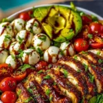 Baked marinated chicken salad served in a bowl with fresh vegetables.
