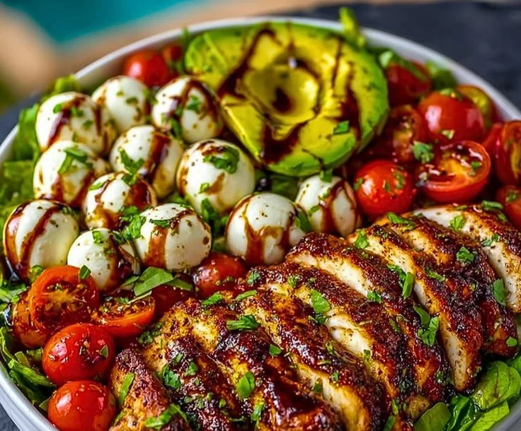 Baked marinated chicken salad served in a bowl with fresh vegetables.