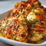 Baked ranch chicken served with herbs and vegetables on a plate.