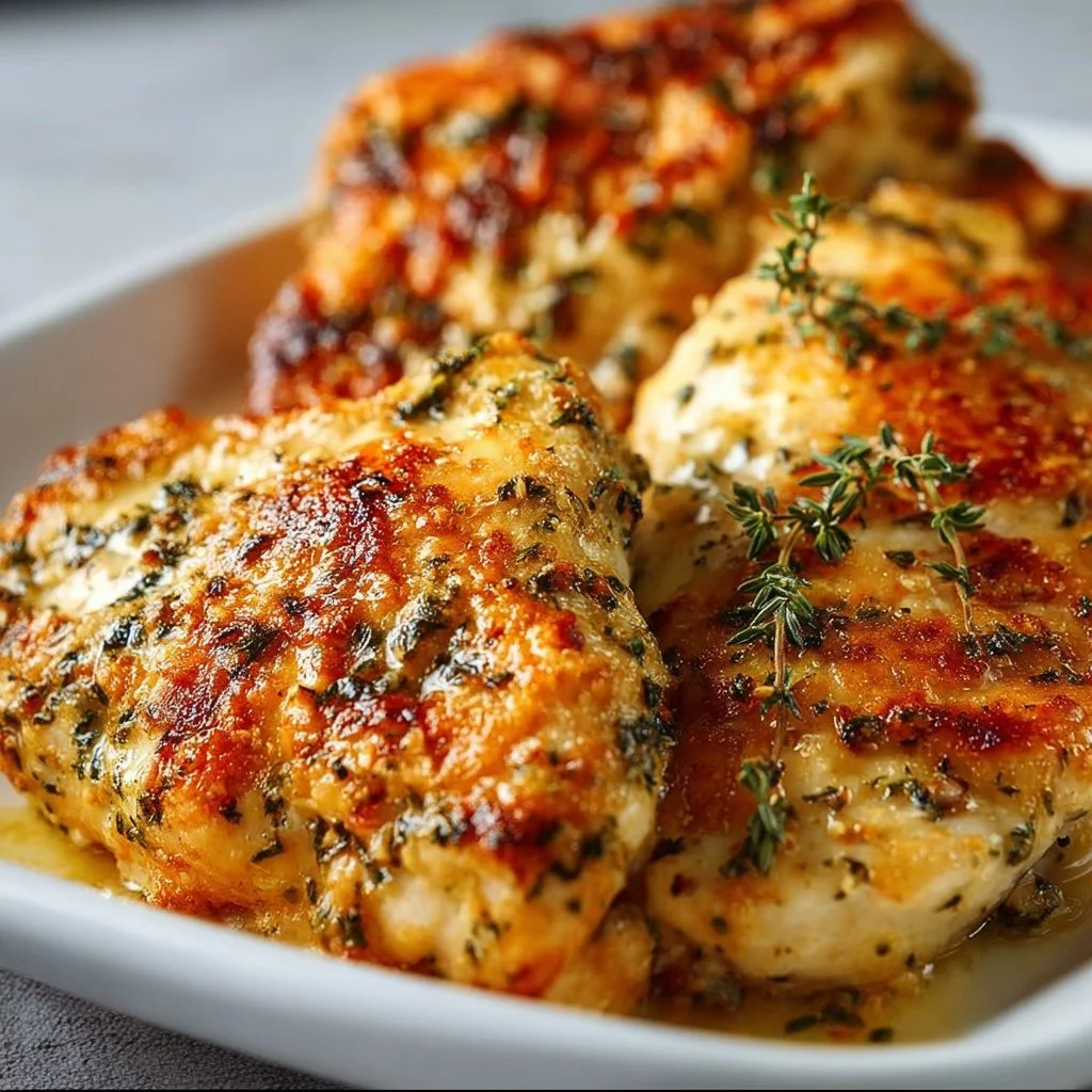 Baked ranch chicken served with herbs and vegetables on a plate.