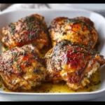 Baked Ranch Roast Chicken Thighs served on a plate with herbs and spices