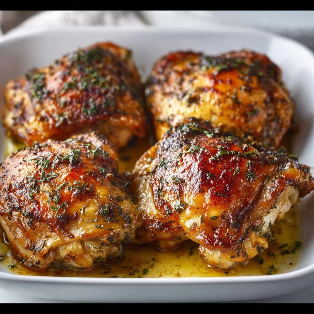 Baked Ranch Roast Chicken Thighs served on a plate with herbs and spices