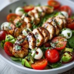 Balsamic-glazed chicken served in a vibrant Caprese salad with fresh tomatoes and basil