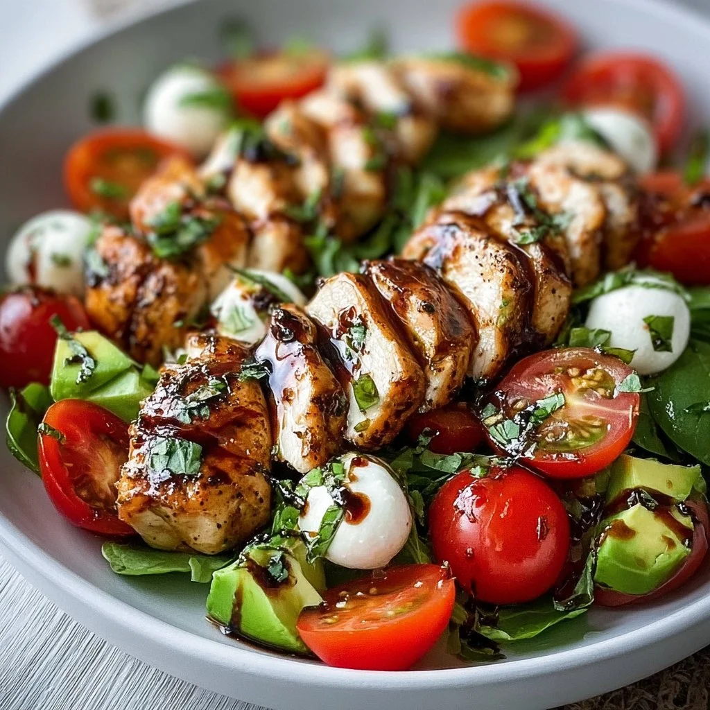 Balsamic-glazed chicken served in a vibrant Caprese salad with fresh tomatoes and basil