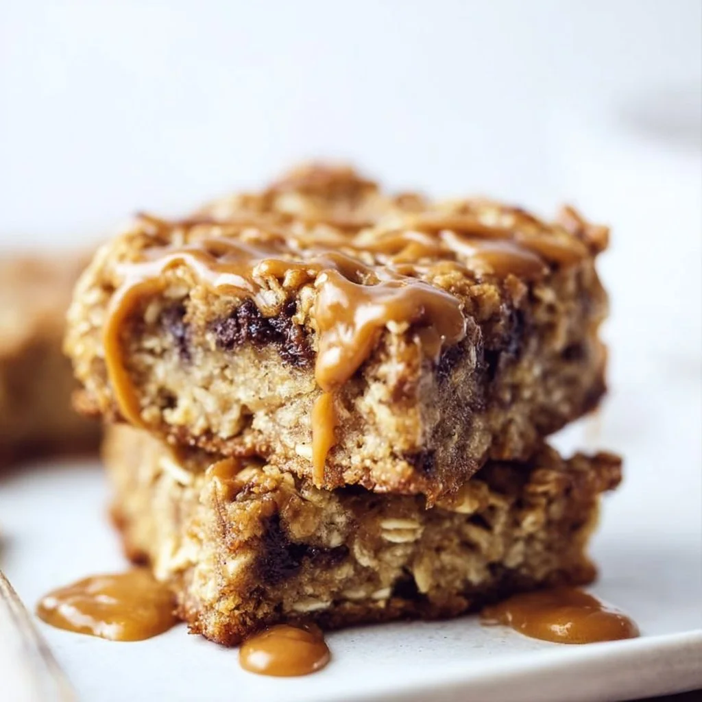 Banana peanut butter oat bars stacked on a wooden table