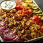 Delicious homemade chicken shawarma sheet pan dinner with vibrant vegetables