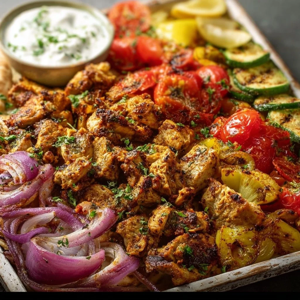 Delicious homemade chicken shawarma sheet pan dinner with vibrant vegetables