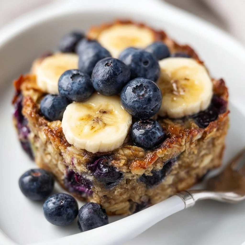 Delicious Blueberry Banana Baked Oatmeal served in a bowl with fresh blueberries.